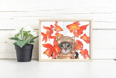 Deep Sea Diver Cat, Goldfish Print, made from my Original Pencil Art, 8x10 horizontal print, Cat lover Art, Cute Cat Print, Scuba Diver Art - image1